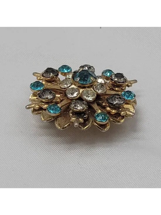 Vtg Gold-Tone Rhinestone Starburst Brooch Pin Turquoise & Clear Crystals Floral - Picture 8 of 10